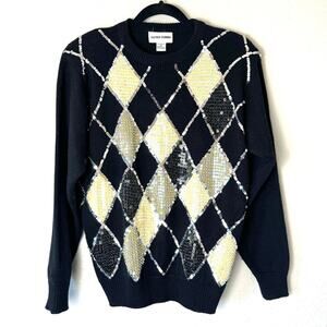 Vintage Black Acrylic Knit Pullover Sequin Sweater Size Medium
